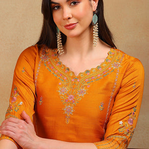 Mustard Yellow Silk Blend Solid Embroidered Straight Suit Set PKSKD2319