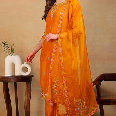 Mustard Yellow Silk Blend Solid Embroidered Straight Suit Set PKSKD2319