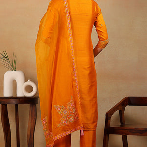 Mustard Yellow Silk Blend Solid Embroidered Straight Suit Set PKSKD2319