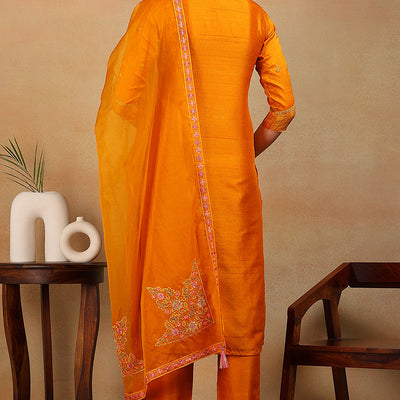 Mustard Yellow Silk Blend Solid Embroidered Straight Suit Set PKSKD2319