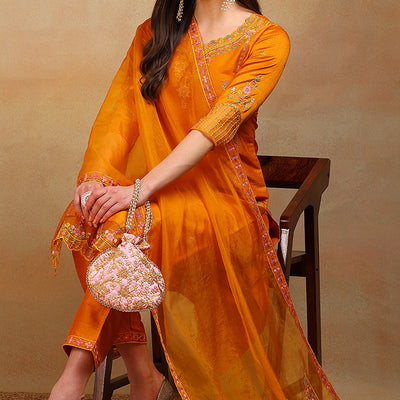 Mustard Yellow Silk Blend Solid Embroidered Straight Suit Set PKSKD2319