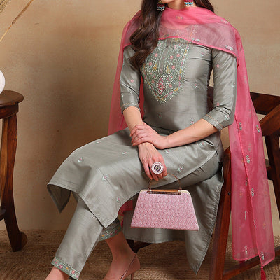 Grey Silk Blend Floral Embroidered Straight Trouser Suit Set PKSKD2339