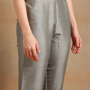 Grey Silk Blend Floral Embroidered Straight Trouser Suit Set PKSKD2339