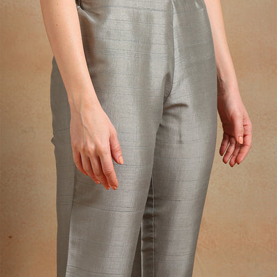 Grey Silk Blend Floral Embroidered Straight Trouser Suit Set PKSKD2339