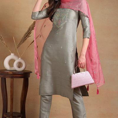 Grey Silk Blend Floral Embroidered Straight Trouser Suit Set PKSKD2339