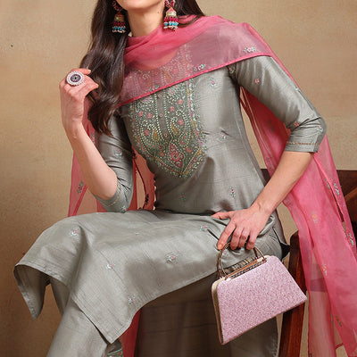 Grey Silk Blend Floral Embroidered Straight Trouser Suit Set PKSKD2339
