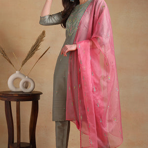 Grey Silk Blend Floral Embroidered Straight Trouser Suit Set PKSKD2339