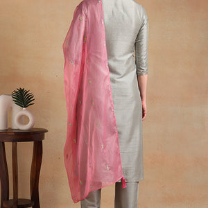 Grey Silk Blend Floral Embroidered Straight Trouser Suit Set PKSKD2339