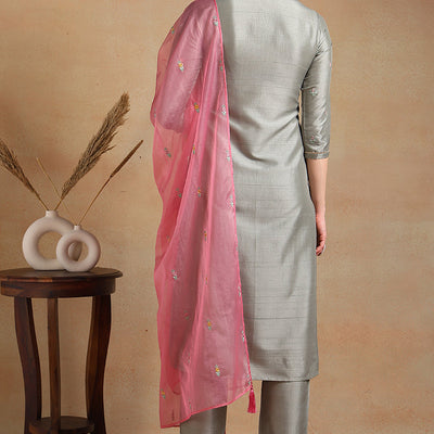 Grey Silk Blend Floral Embroidered Straight Trouser Suit Set PKSKD2339