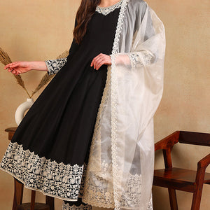 Black Silk Blend Embroidered Anarkali Suit Set PKSKD2362