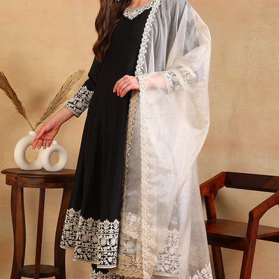 Black Silk Blend Embroidered Anarkali Suit Set PKSKD2362