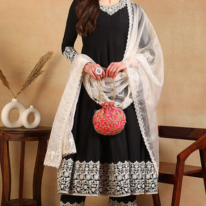 Black Silk Blend Embroidered Anarkali Suit Set PKSKD2362