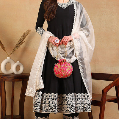 Black Silk Blend Embroidered Anarkali Suit Set PKSKD2362