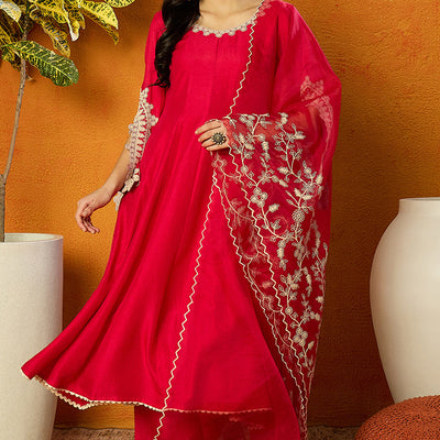 Fuchsia Pink Silk Blend Solid Embroidered Flared Suit Set PKSKD2365