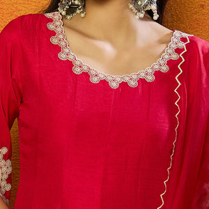 Fuchsia Pink Silk Blend Solid Embroidered Flared Suit Set PKSKD2365