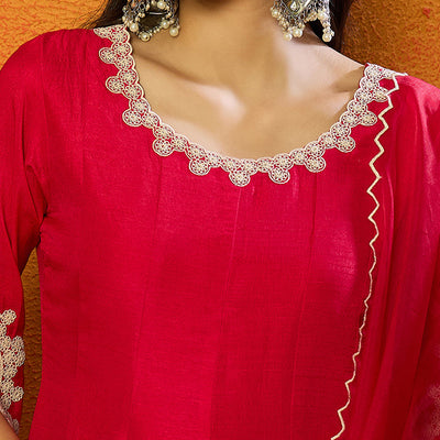 Fuchsia Pink Silk Blend Solid Embroidered Flared Suit Set PKSKD2365
