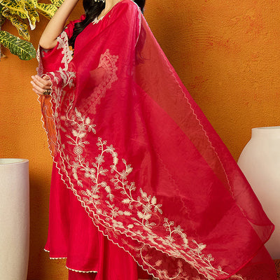 Fuchsia Pink Silk Blend Solid Embroidered Flared Suit Set PKSKD2365