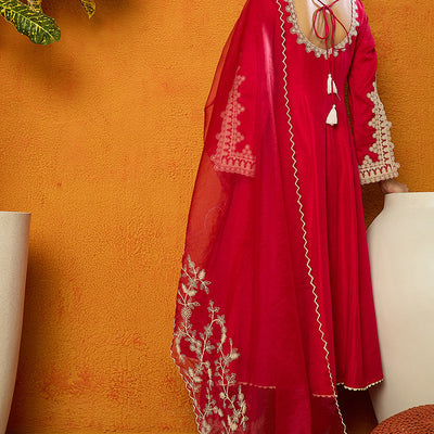 Fuchsia Pink Silk Blend Solid Embroidered Flared Suit Set PKSKD2365