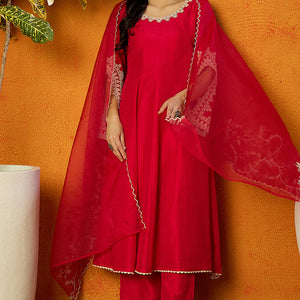 Fuchsia Pink Silk Blend Solid Embroidered Flared Suit Set PKSKD2365