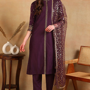 Purple Silk Blend Embroidered Straight Suit Set PKSKD2370