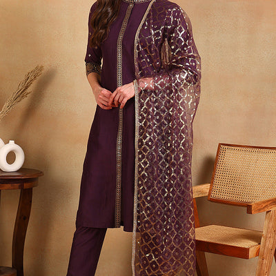 Purple Silk Blend Embroidered Straight Suit Set PKSKD2370