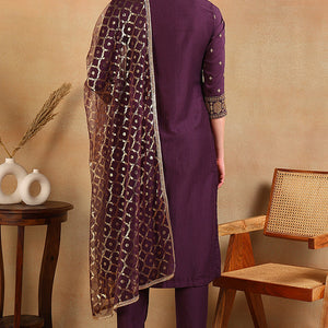 Purple Silk Blend Embroidered Straight Suit Set PKSKD2370