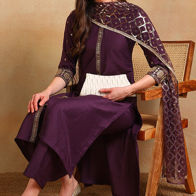 Purple Silk Blend Embroidered Straight Suit Set PKSKD2370