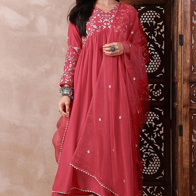 Red Cotton Blend Solid Embroidered A-Line Trouser Bottom Suit Set PKSKD2375