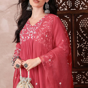 Red Cotton Blend Solid Embroidered A-Line Trouser Bottom Suit Set PKSKD2375