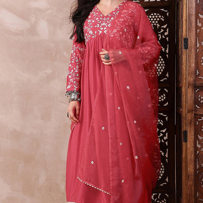 Red Cotton Blend Solid Embroidered A-Line Trouser Bottom Suit Set PKSKD2375
