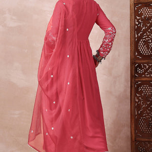 Red Cotton Blend Solid Embroidered A-Line Trouser Bottom Suit Set PKSKD2375