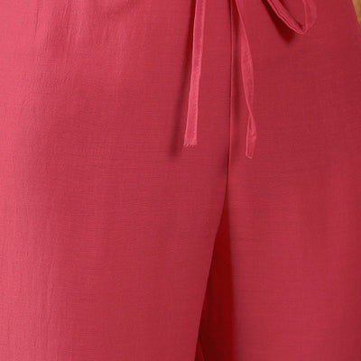 Red Cotton Blend Solid Embroidered A-Line Trouser Bottom Suit Set PKSKD2375