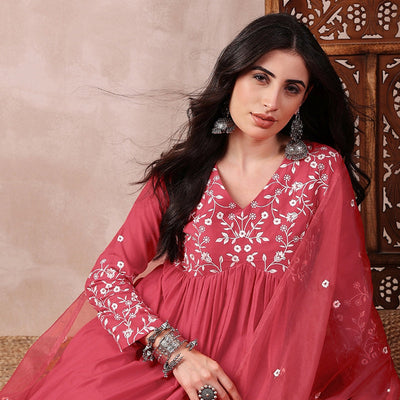Red Cotton Blend Solid Embroidered A-Line Trouser Bottom Suit Set PKSKD2375