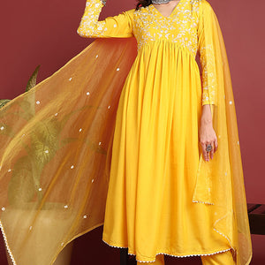 Yellow Cotton Blend Solid Embroidered A-Line Suit Set PKSKD2379