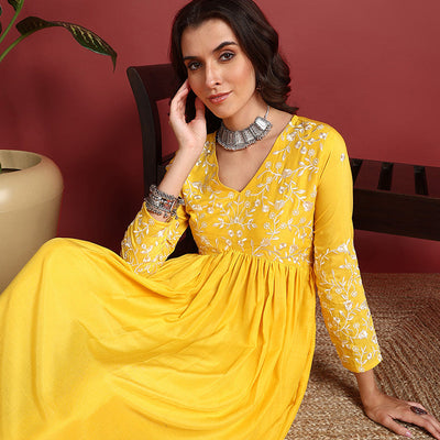 Yellow Cotton Blend Solid Embroidered A-Line Suit Set PKSKD2379