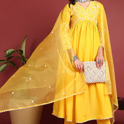 Yellow Cotton Blend Solid Embroidered A-Line Suit Set PKSKD2379