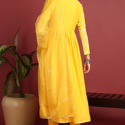 Yellow Cotton Blend Solid Embroidered A-Line Suit Set PKSKD2379