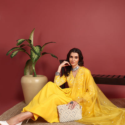 Yellow Cotton Blend Solid Embroidered A-Line Suit Set PKSKD2379