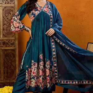 Blue Silk Blend Floral Printed A-Line Suit Set PKSKD2382