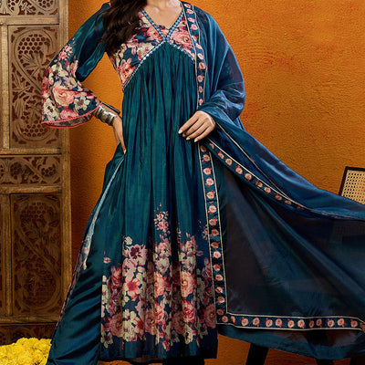 Blue Silk Blend Floral Printed A-Line Suit Set PKSKD2382
