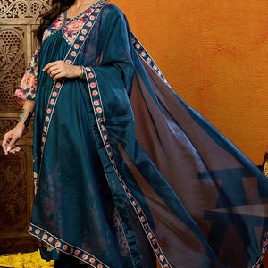 Blue Silk Blend Floral Printed A-Line Suit Set PKSKD2382