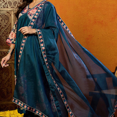 Blue Silk Blend Floral Printed A-Line Suit Set PKSKD2382