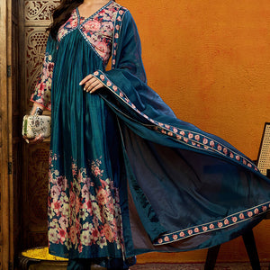 Blue Silk Blend Floral Printed A-Line Suit Set PKSKD2382