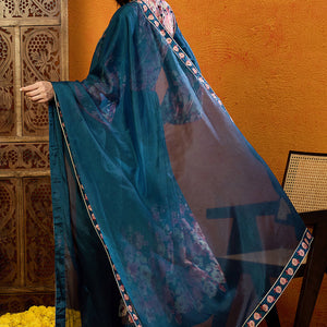 Blue Silk Blend Floral Printed A-Line Suit Set PKSKD2382