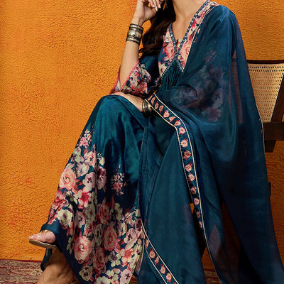 Blue Silk Blend Floral Printed A-Line Suit Set PKSKD2382
