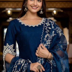 Blue Silk Blend Solid Embroidered Anarkali Kurta Palazzo With Dupatta PKSKD2397