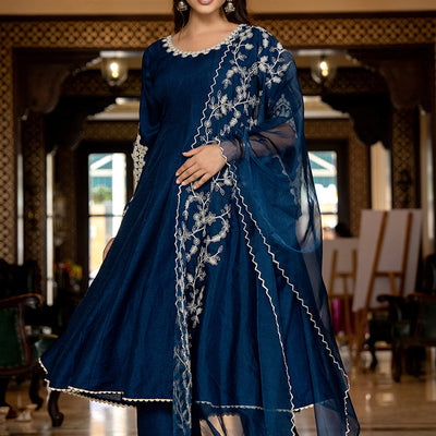 Blue Silk Blend Solid Embroidered Anarkali Kurta Palazzo With Dupatta PKSKD2397