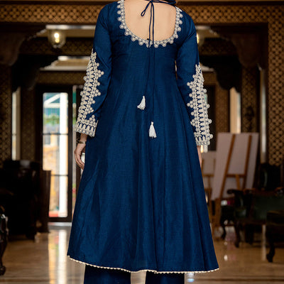 Blue Silk Blend Solid Embroidered Anarkali Kurta Palazzo With Dupatta PKSKD2397