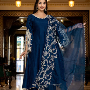 Blue Silk Blend Solid Embroidered Anarkali Kurta Palazzo With Dupatta PKSKD2397