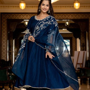 Blue Silk Blend Solid Embroidered Anarkali Kurta Palazzo With Dupatta PKSKD2397